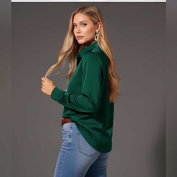 Satin Button Front Long Sleeve Blouse Emerald Green - Picture 4 of 7